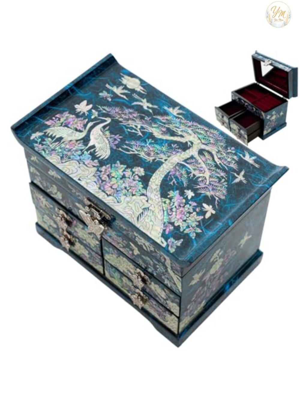 Mother of Pearl Inlay Wooden Jewelry Box 4 Drawer Red Velvet Interior Gift